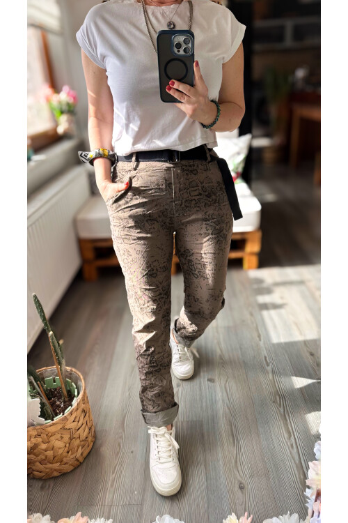 Gianni İtalyan Desen Detay Kemerli Sihirli Pantolon Taupe