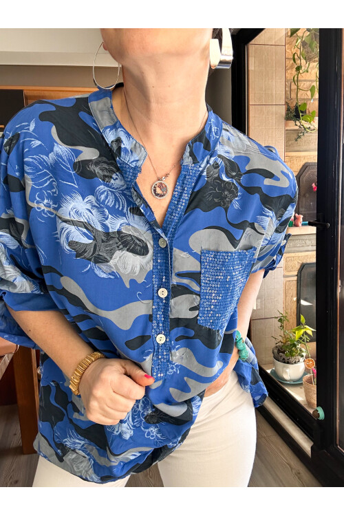 Gussi İtalyan Batik Kamuflaj Desen Pul Detay Gömlek Sax