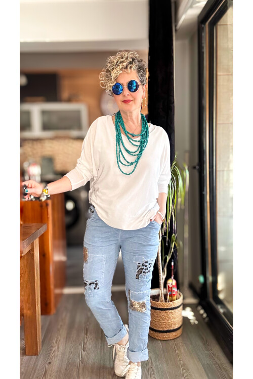 İtaliana Leopar Desen Pul Detaylı Sihirli Pantolon İndigo