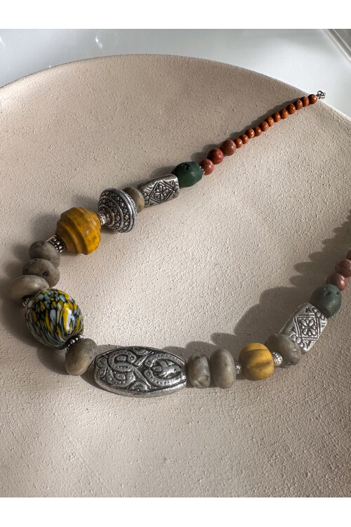 Melis Etnik Pirinç Cam Bambu Kolye