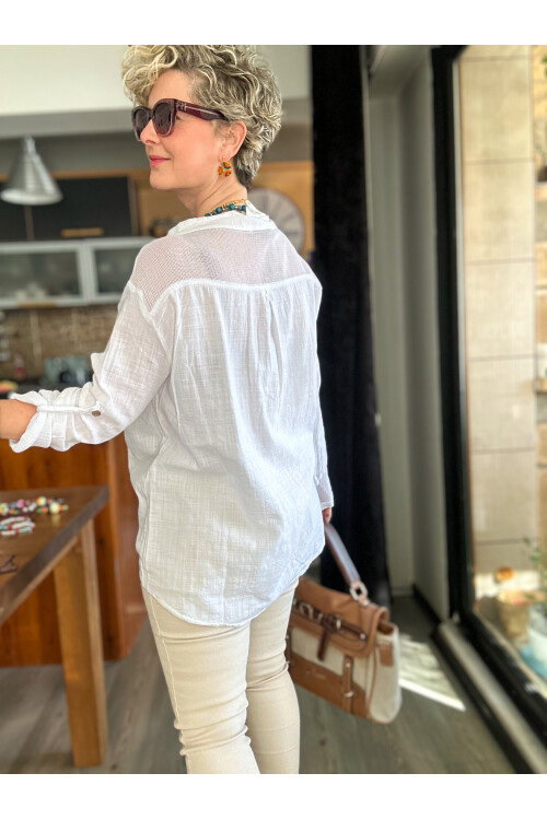 Jalli Tasarım Sırt File Detay Gömlek Beyaz