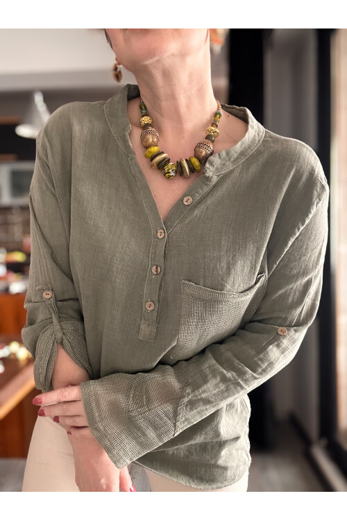 Jalli Tasarım Sırt File Detay Gömlek Haki