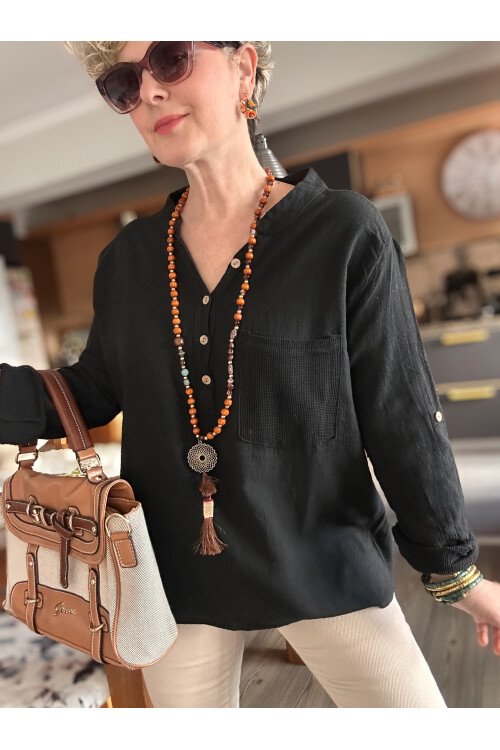 Jalli Tasarım Sırt File Detay Gömlek Siyah