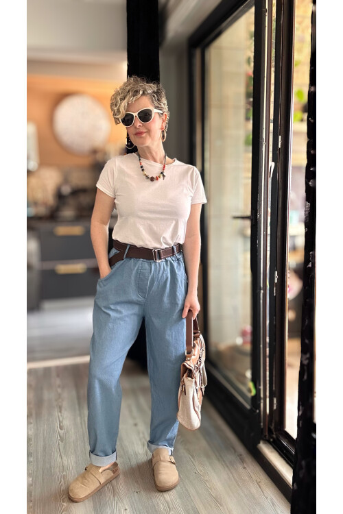 Kessi İtalyan Balon Kemerli Pantolon Tencel Bebe Mavi