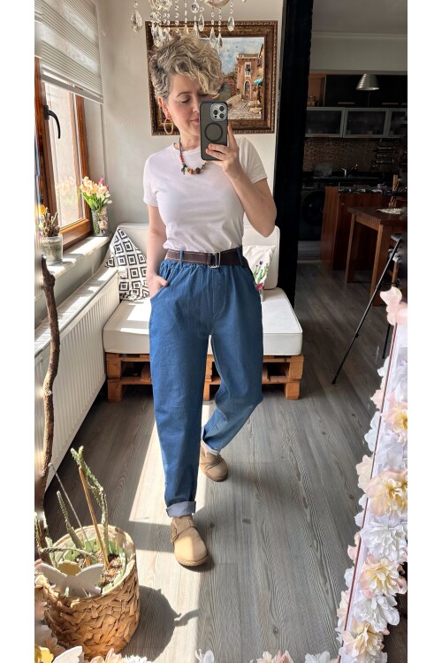 Kessi İtalyan Balon Kemerli Pantolon Tencel İndigo Mavi