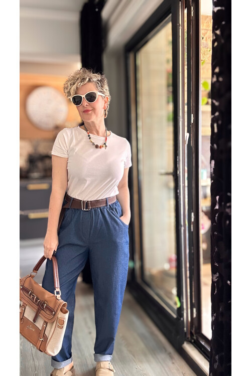 Kessi İtalyan Balon Kemerli Pantolon Tencel Lacivert