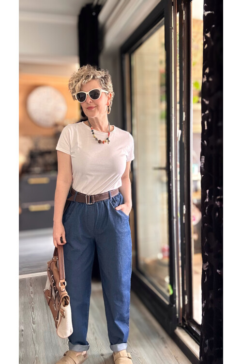 Kessi İtalyan Balon Kemerli Pantolon Tencel Lacivert