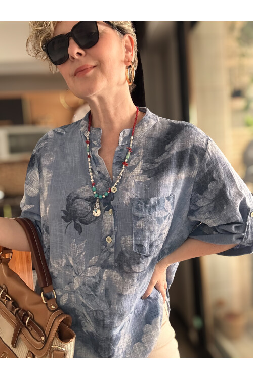 Latre Yaprak Desen İtalyan Gömlek İndigo