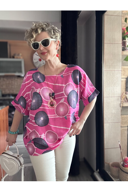 Limmo Desenli  İthal Kolyeli Tasarım Bluz Fuşya