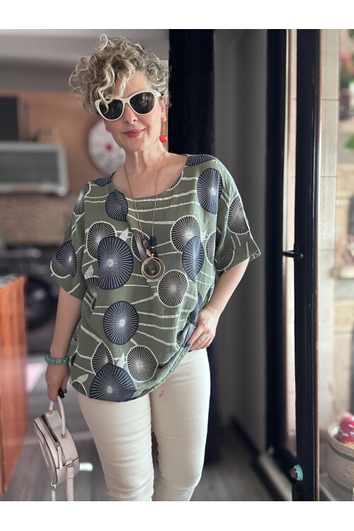 Limmo Desenli  İthal Kolyeli Tasarım Bluz Haki