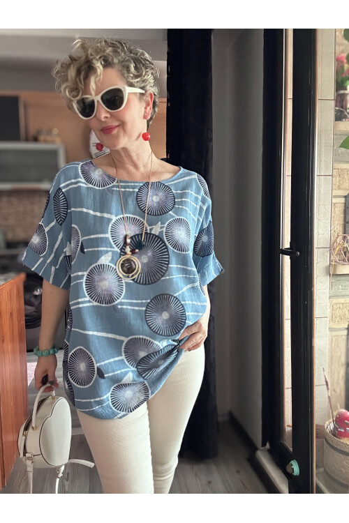 Limmo Desenli  İthal Kolyeli Tasarım Bluz İndigo