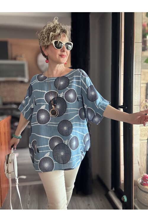 Limmo Desenli  İthal Kolyeli Tasarım Bluz İndigo