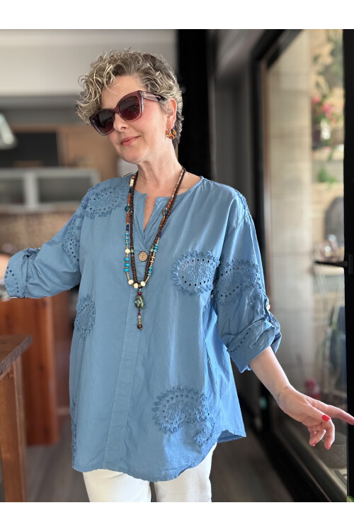 Lizza İtalyan Fisto Tahta Düğme Detay Gömlek İndigo