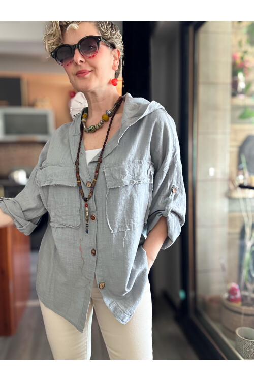 Lolly Vintage Kapşonlu Gömlek Ceket Açık Gri