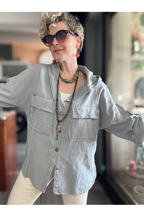 Lolly Vintage Kapşonlu Gömlek Ceket Açık Gri