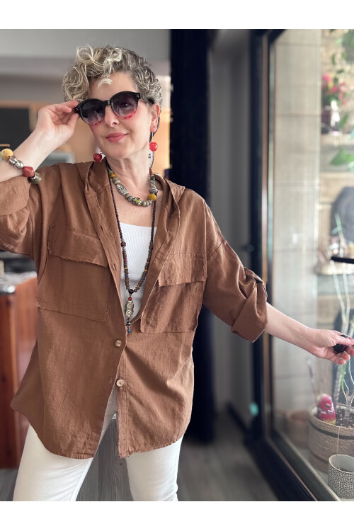 Lolly Vintage Kapşonlu Gömlek Ceket Kahve