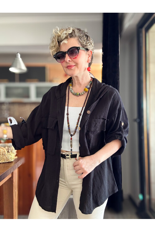 Lolly Vintage Kapşonlu Gömlek Ceket Siyah