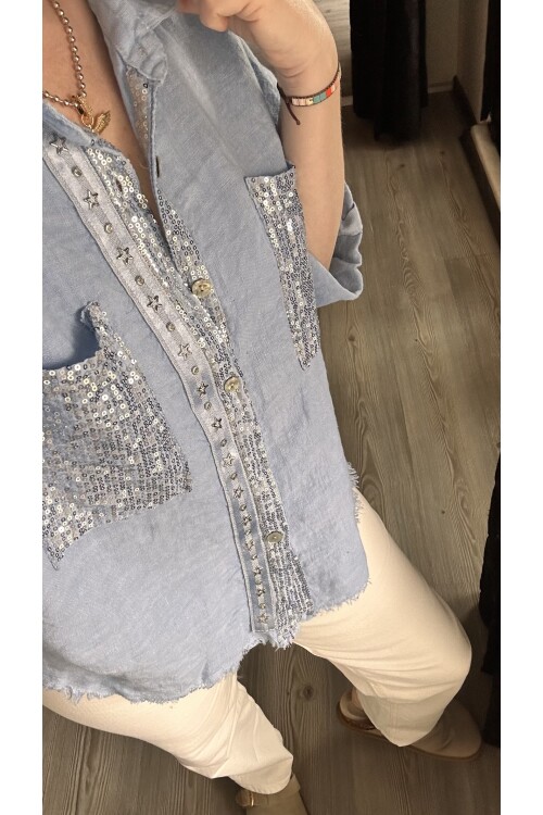 Marnis İtalyan Vip Pul Payet Detay Gömlek Ceket Mavi