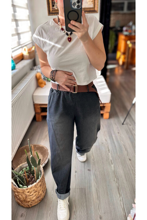 Merlo İtalyan Vip Likralı Kemerli Jean Pantolon Füme