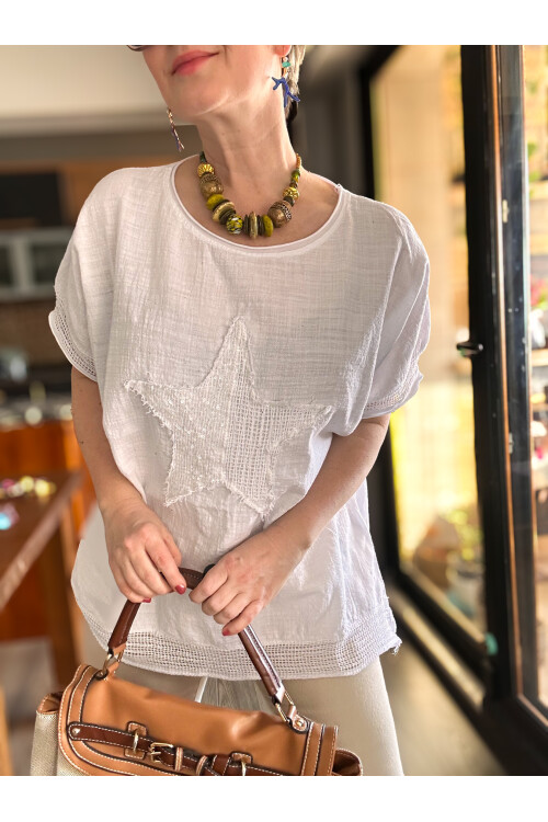 Mesa Yıldız Pul Detay Etek Ucu File Bluz Beyaz