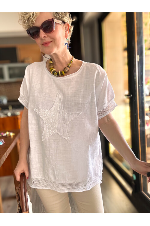 Mesa Yıldız Pul Detay Etek Ucu File Bluz Beyaz