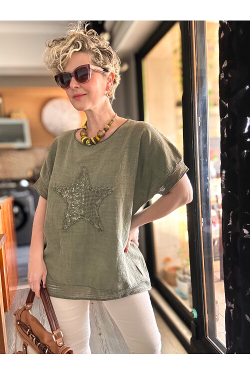 Mesa Yıldız Pul Detay Etek Ucu File Bluz Haki