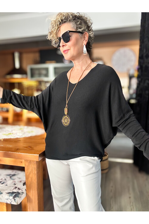 Mezzo İtalyan Kolyeli Tasarım Triko Bluz Siyah