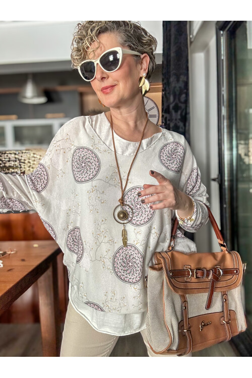 Mira Lotus Desen Kolyeli İtalyan Bluz Bianco