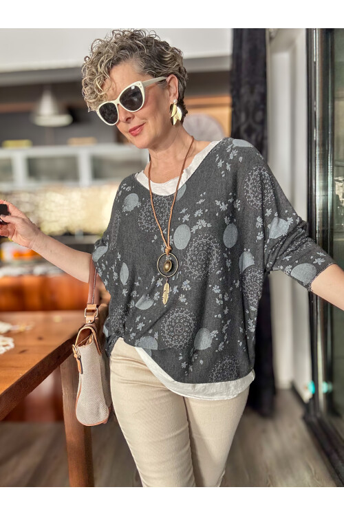 Mira Lotus Desen Kolyeli İtalyan Bluz Nero