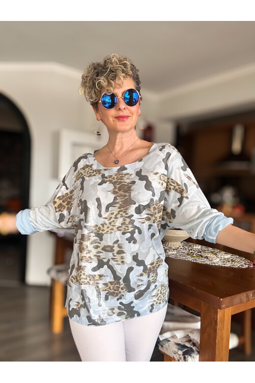 Miranda İtalyan Varak Baskı Kamuflaj Bluz Bebe Mavi