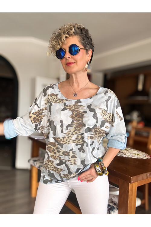 Miranda İtalyan Varak Baskı Kamuflaj Bluz Bebe Mavi