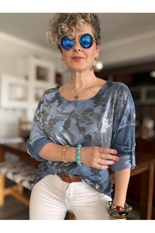 Miranda İtalyan Varak Baskı Kamuflaj Bluz İndigo