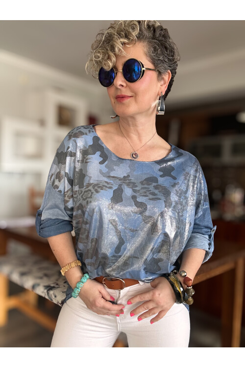Miranda İtalyan Varak Baskı Kamuflaj Bluz İndigo