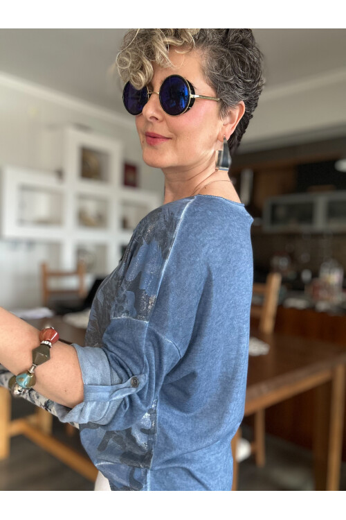 Miranda İtalyan Varak Baskı Kamuflaj Bluz İndigo