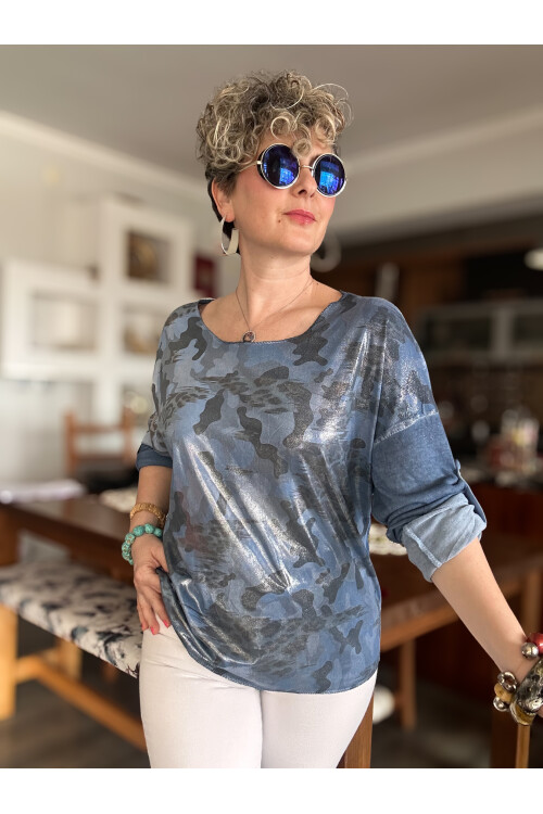 Miranda İtalyan Varak Baskı Kamuflaj Bluz İndigo