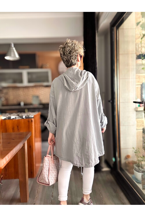 Mitti Cep Pul Payet Detay Kapşonlu Ceket Gri