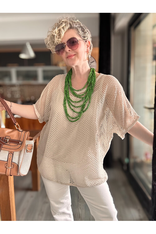 Motto İtalyan Fileli Atletli İkili Bluz Beige