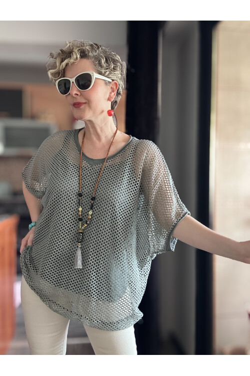 Motto İtalyan Fileli Atletli İkili Bluz Gri