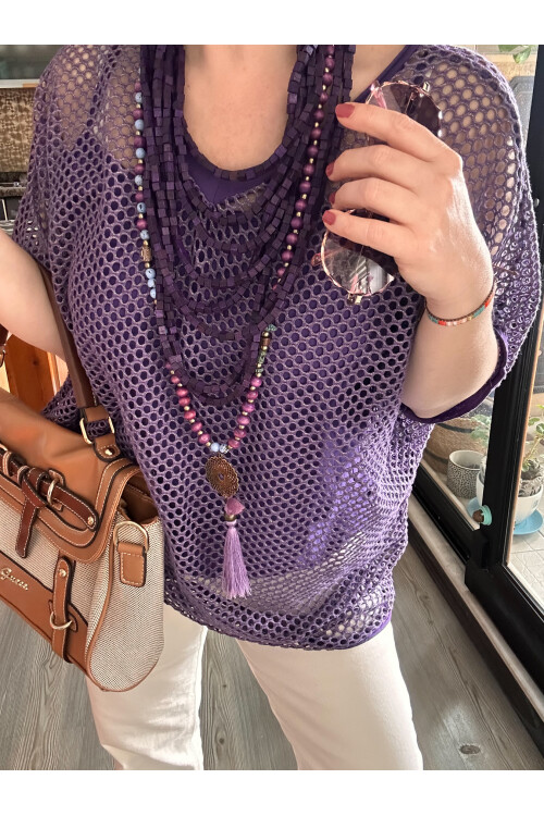 Motto İtalyan Fileli Atletli İkili Bluz Mor