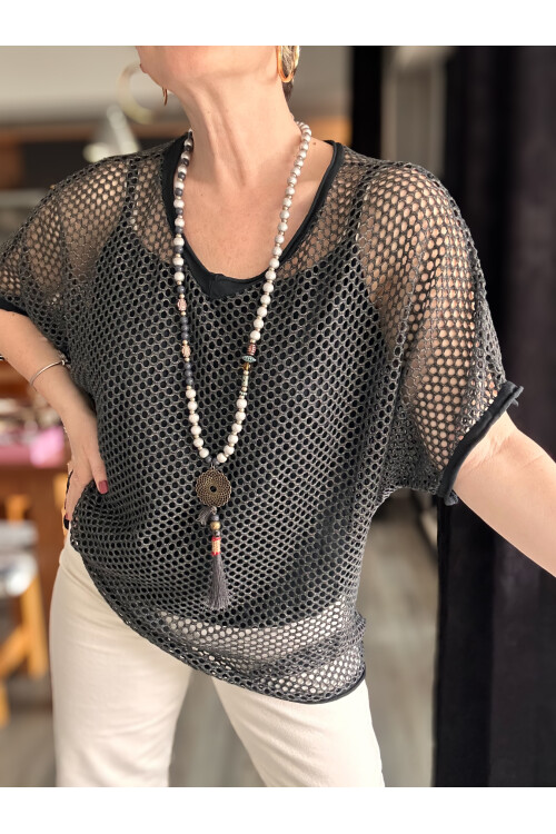 Motto İtalyan Fileli Atletli İkili Bluz Siyah