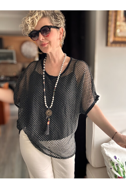 Motto İtalyan Fileli Atletli İkili Bluz Siyah