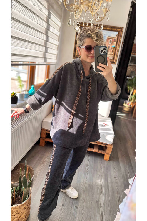 Muffin İtalyan Şönil Leopar Detay Takım Gri