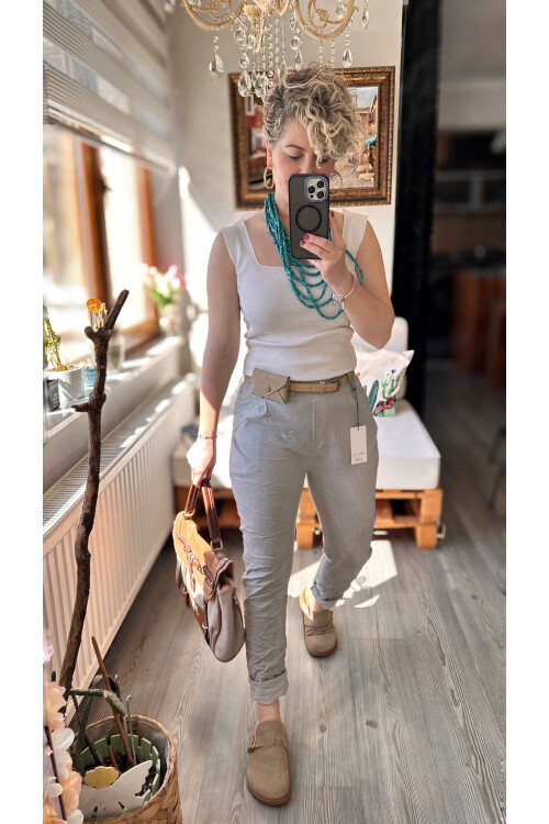 Nappa İtalyan Çanta Kemerli Sihirlli Pantolon Açık Gri