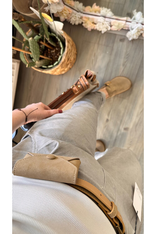 Nappa İtalyan Çanta Kemerli Sihirlli Pantolon Açık Gri