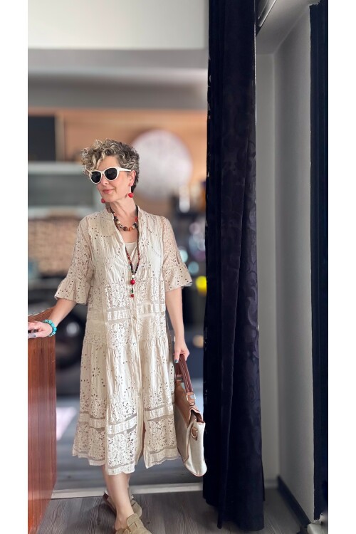 Nessi İtalyan Brode Gömlek Elbise Beige