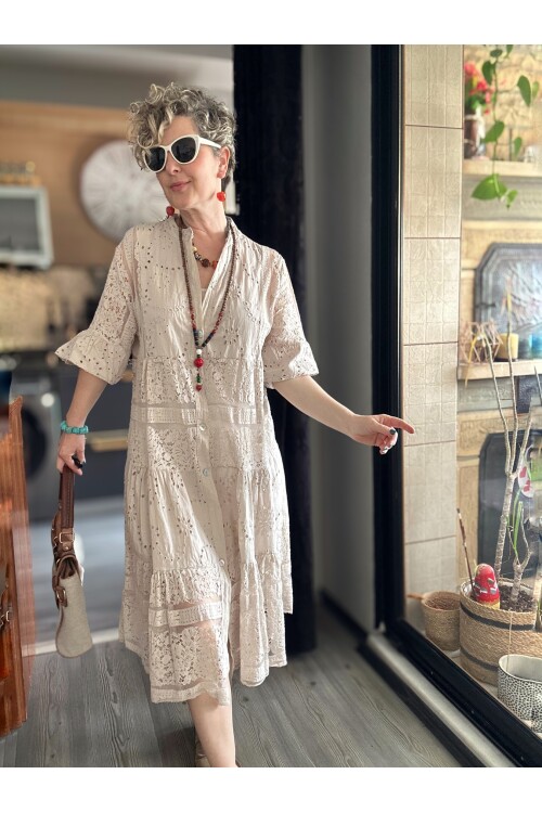 Nessi İtalyan Brode Gömlek Elbise Beige