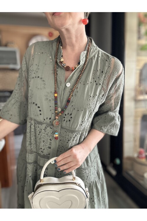 Nessi İtalyan Brode Gömlek Elbise Haki Yeşil