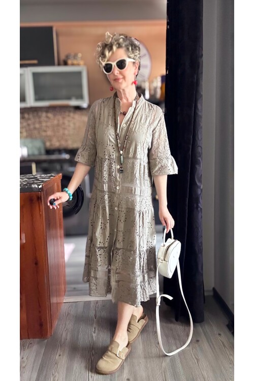 Nessi İtalyan Brode Gömlek Elbise Vizon