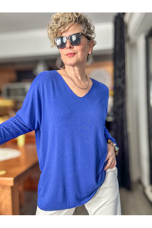 Nonna İthal V Yaka Tasarım Triko Saks Mavi