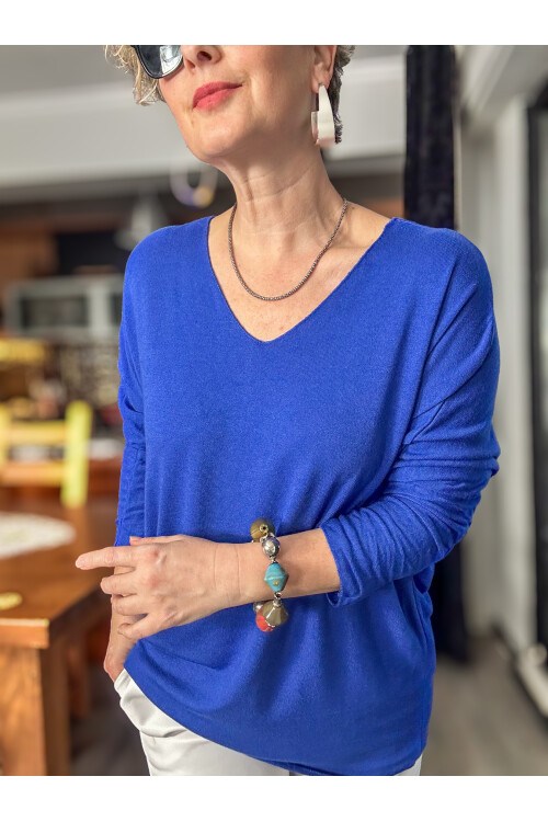 Nonna İthal V Yaka Tasarım Triko Saks Mavi